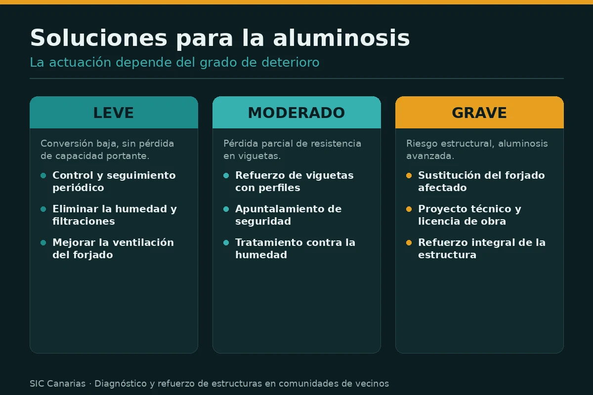 Infografía con las soluciones para la aluminosis según el grado de deterioro: leve, moderado y grave