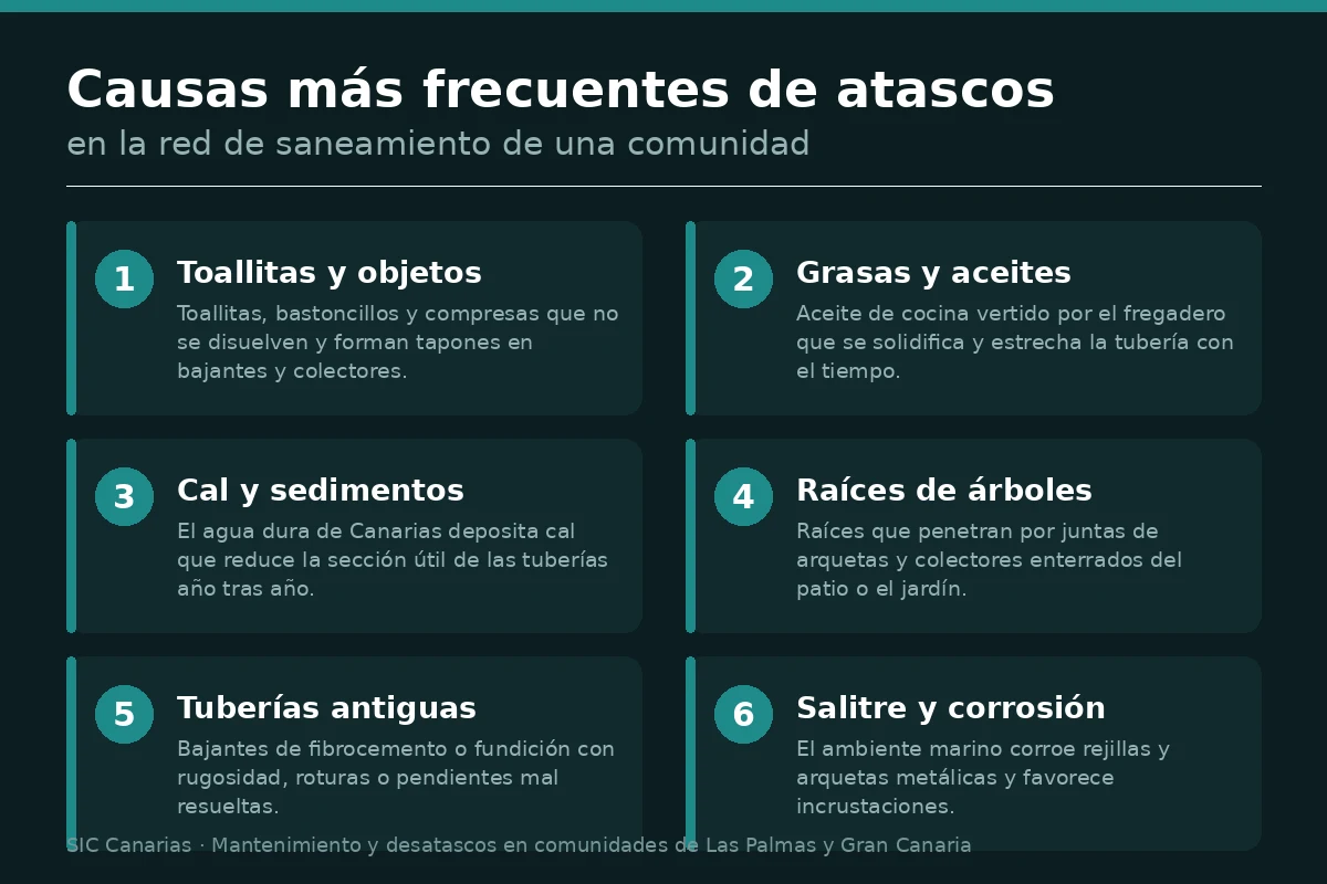 Infografía con las causas más frecuentes de atascos en la red de saneamiento de una comunidad: toallitas, grasas, cal, raíces, tuberías antiguas y salitre