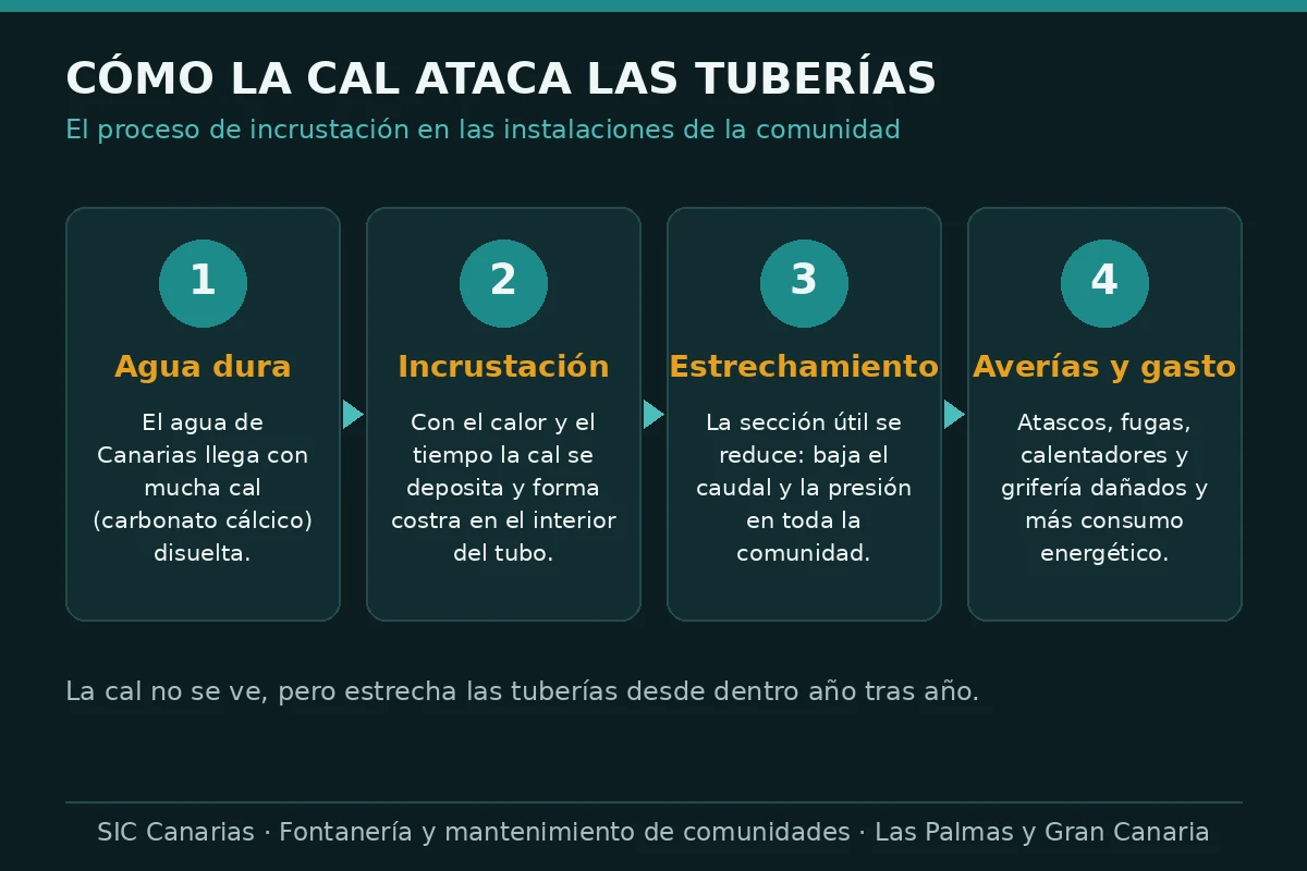 Infografía que explica cómo la cal del agua dura ataca las tuberías de la comunidad en Canarias: agua dura, incrustación, estrechamiento y averías