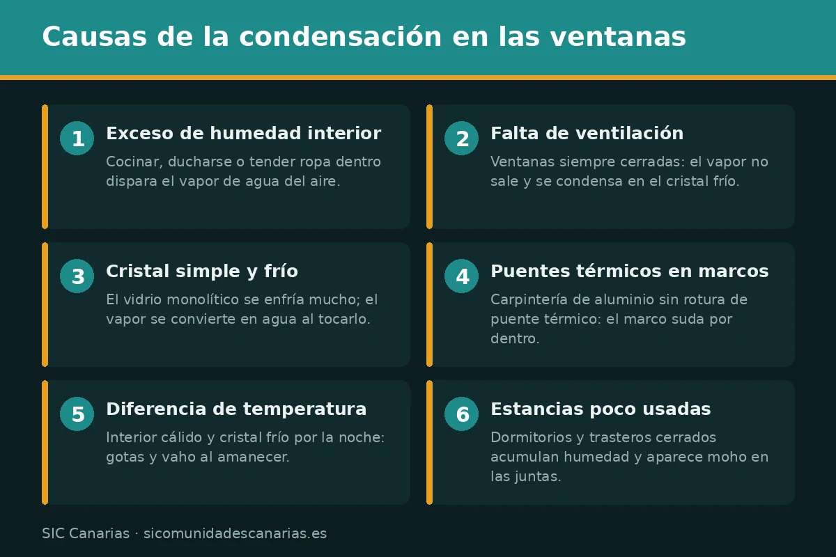Infografía con las causas de la condensación en las ventanas: exceso de humedad interior, falta de ventilación, cristal simple, puentes térmicos y estancias poco usadas