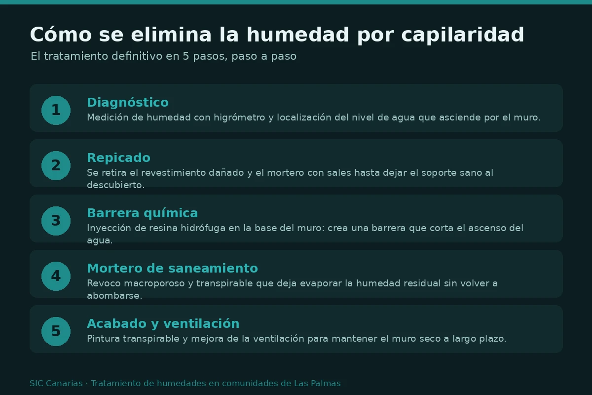 Infografía con el proceso en cinco pasos para eliminar la humedad por capilaridad: diagnóstico, repicado, barrera química, mortero de saneamiento y acabado