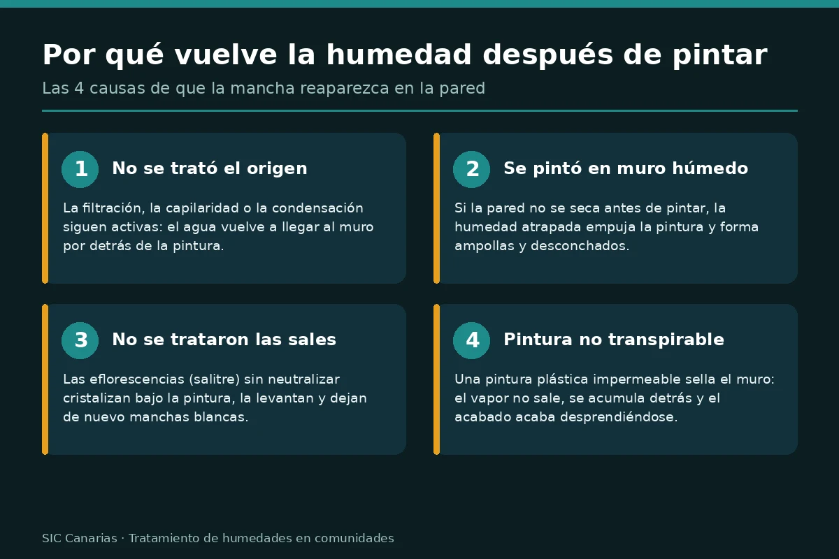 Infografía con las 4 causas por las que las humedades vuelven después de pintar la pared