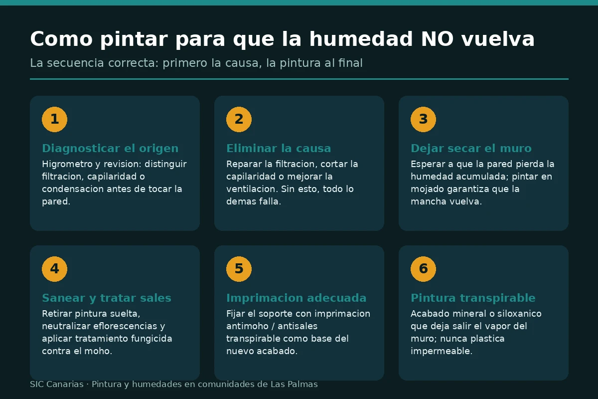 Infografía con los 6 pasos para pintar una pared con humedad sin que la mancha vuelva a salir