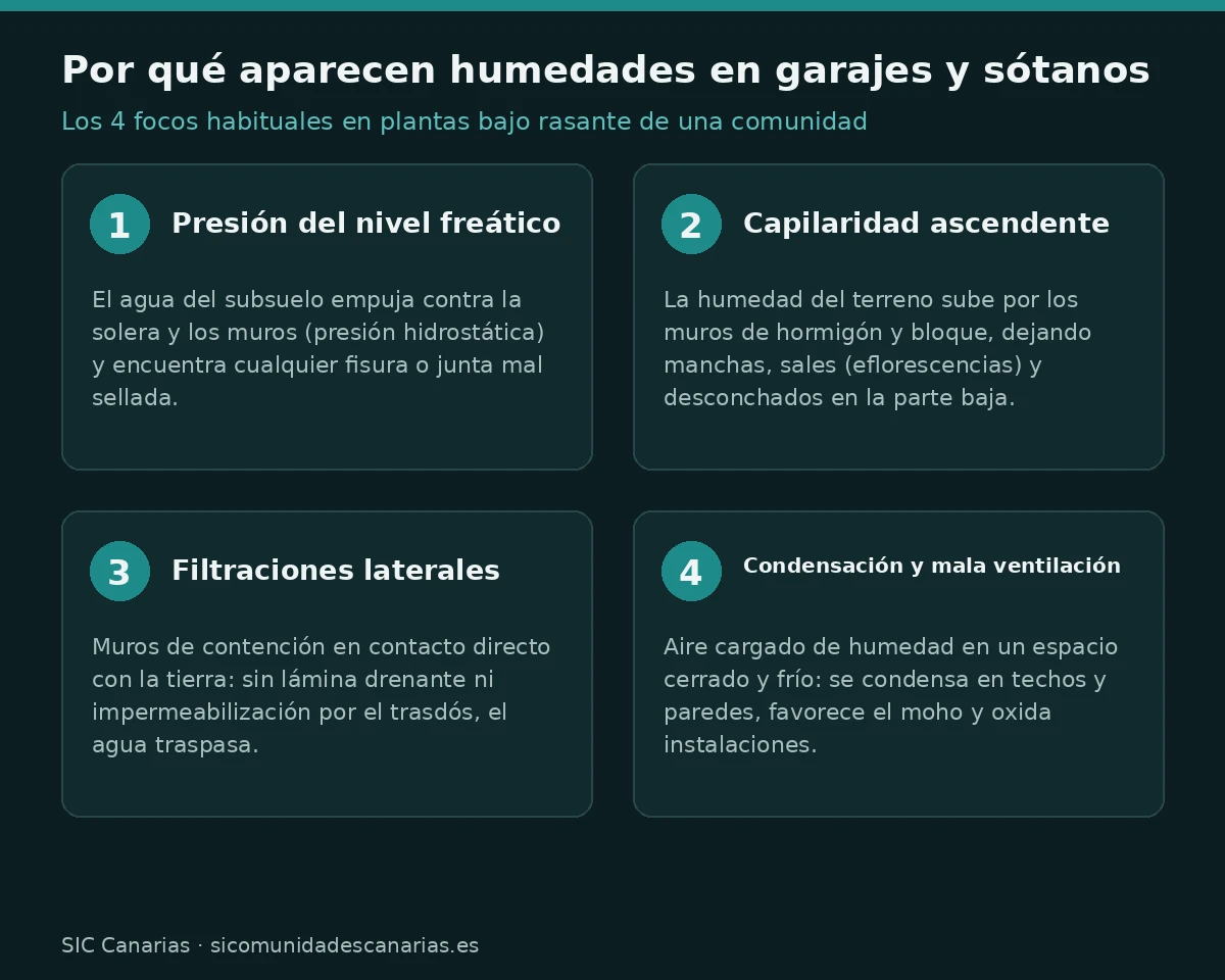 Infografía con las cuatro causas de humedad en garajes y sótanos: nivel freático, capilaridad, filtraciones laterales y condensación