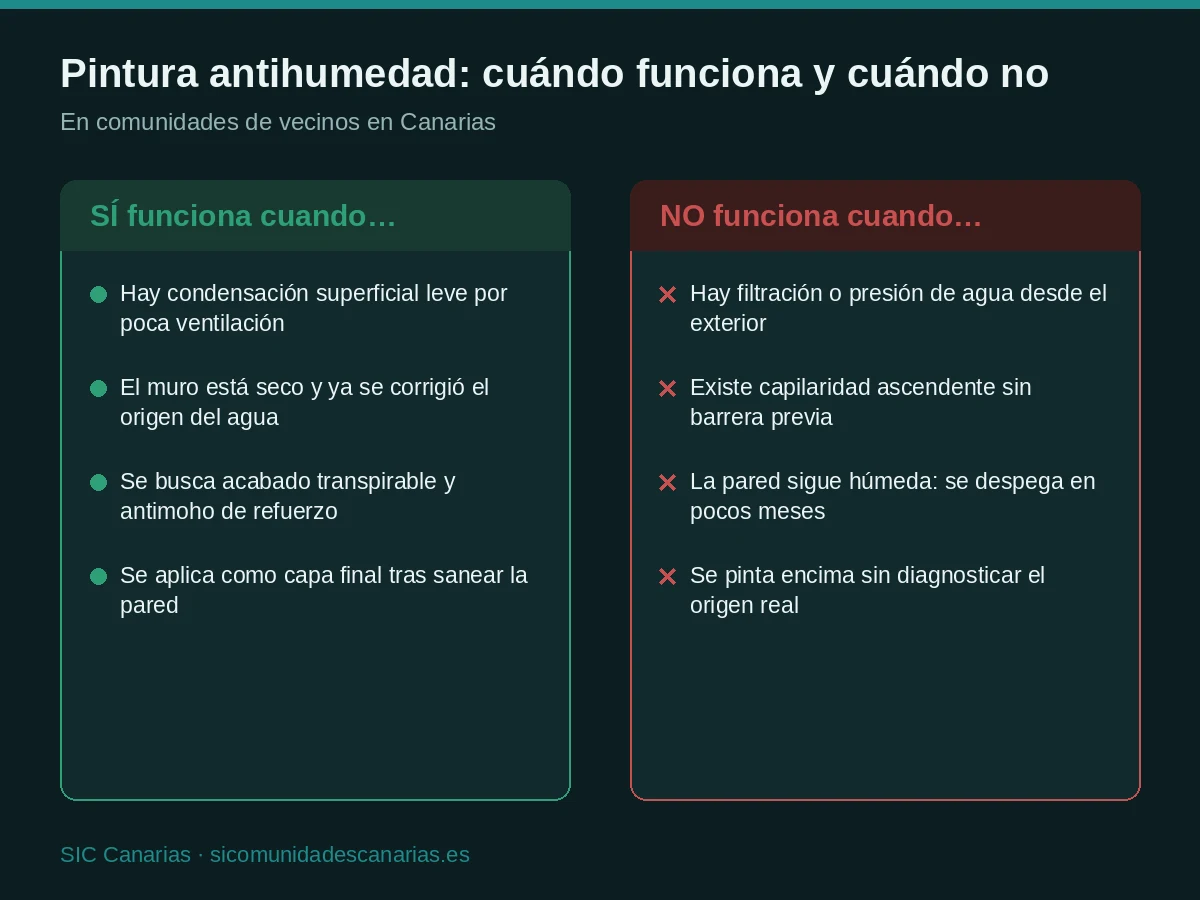 Infografía que compara cuándo funciona la pintura antihumedad frente a cuándo no funciona en una comunidad de vecinos
