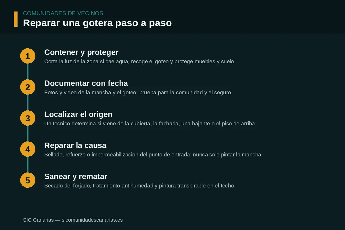 Infografía con los cinco pasos para reparar una gotera en una comunidad: contener, documentar, localizar el origen, reparar la causa y sanear