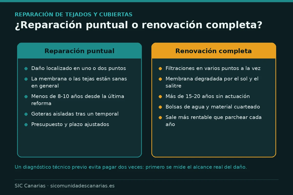 Infografía que compara cuándo conviene una reparación puntual de la cubierta y cuándo una renovación completa