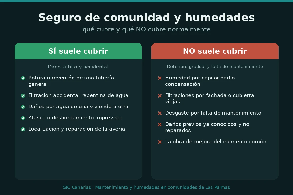 Infografía del seguro de comunidad y humedades: qué cubre (daño súbito y accidental) y qué no cubre (deterioro gradual y falta de mantenimiento)